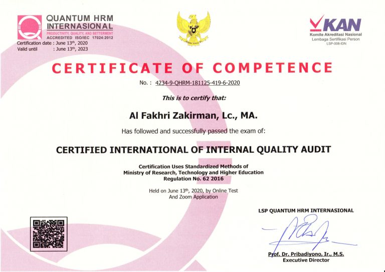 Ketua Tim Unit Penjamin Mutu FUAD IAIN Pontianak Peroleh Certified International of Internal Quality Audit